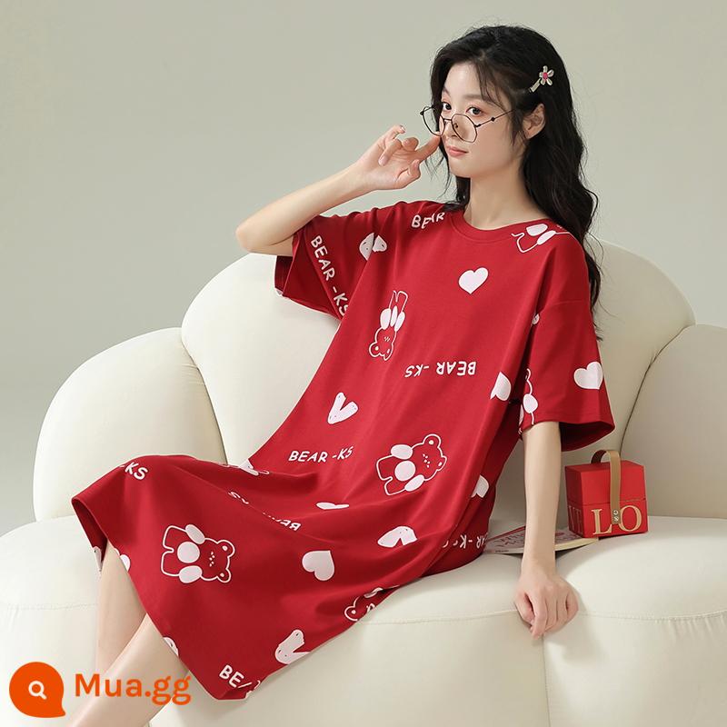 Váy ngủ giải phóng mặt bằng Jiafenteng nữ mùa hè ngắn tay cotton nguyên chất hoạt hình ngọt ngào sinh viên mỏng đồ ngủ phụ nữ mang thai mùa hè dịch vụ tại nhà - Váy YZ9386 màu đỏ tía thật