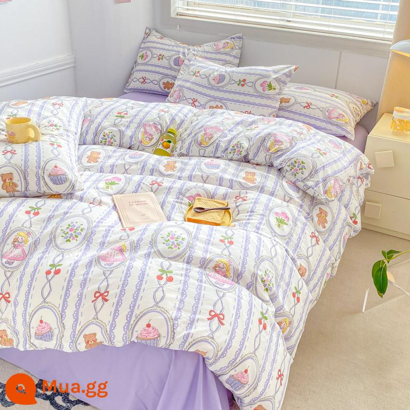 Loại A Bộ bốn mảnh sợi hai lớp đã giặt bằng vải cotton Vỏ chăn ga trải giường dễ thương tươi mới trong ký túc xá Bộ ba mảnh bằng cotton nguyên chất - Công chúa nhỏ [Sợi hai lớp loại A]