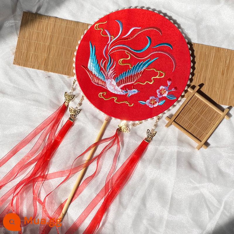 Quạt nhóm phong cách cổ xưa Hanfu thêu hoa quạt tròn trẻ em nữ người lớn quạt cọ trang phục cổ tua vũ điệu cổ điển quạt cung điện sườn xám - Phoenix (đỏ) giá đặc biệt