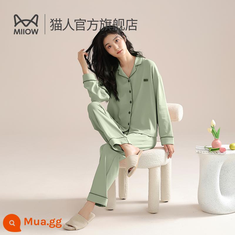 Bộ đồ ngủ cotton nguyên chất Catman cho nữ 2024 Bộ áo cardigan dài tay phong cách mùa xuân mới mùa xuân và mùa thu có thể mặc như quần áo mặc ở nhà bằng vải cotton bên ngoài - Matcha Green