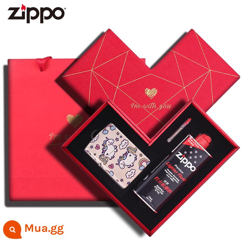 Bật lửa Zippo chính hãng chính hãng màu hồng đầy sao kỳ lân zioopo quà tặng cậu bé hoạt hình dễ thương - Kỳ lân bầu trời đầy sao in màu [hộp quà ấm lòng]