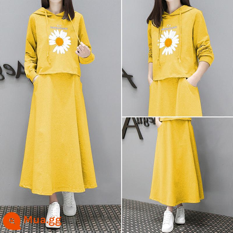 Phiên bản dài rất cổ tích Bộ đồ hai mảnh chữ T cotton dày thời trang rộng mỏng hợp thời trang 2022 phiên bản Hàn Quốc mùa xuân và mùa thu váy nữ giản dị váy phù hợp - Z802 màu vàng