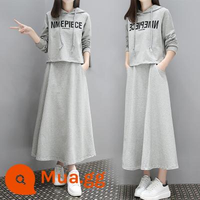 Phiên bản dài rất cổ tích Bộ đồ hai mảnh chữ T cotton dày thời trang rộng mỏng hợp thời trang 2022 phiên bản Hàn Quốc mùa xuân và mùa thu váy nữ giản dị váy phù hợp - Z800 màu xám