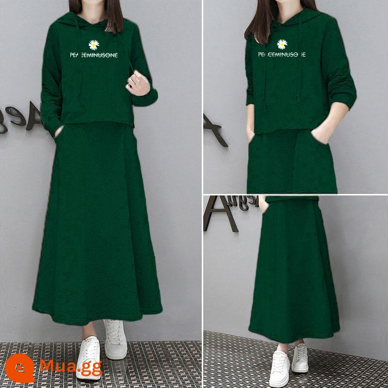 Phiên bản dài rất cổ tích Bộ đồ hai mảnh chữ T cotton dày thời trang rộng mỏng hợp thời trang 2022 phiên bản Hàn Quốc mùa xuân và mùa thu váy nữ giản dị váy phù hợp - Z803 xanh đậm