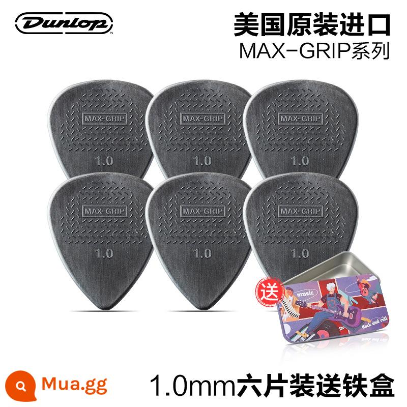 Sáu mảnh Dunlop Nylon do Mỹ sản xuất Dunlop nylon mái chèo bom tốc độ chống trượt điện gỗ đàn guitar ngón tay mảnh mùa xuân - [Gói sáu chiếc] MAX-GRIP 1.0mm + hộp sắt