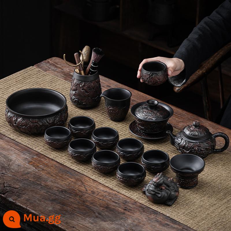 High -end Zisha Kung Fu Tea Set Nội thất Rồng và Phoenix Rescuer Trung Quốc Retro Bowl Tea Tàu tím Tao Hộp quà tặng - Hoa mẫu đơn giàu nhẹ nhõm