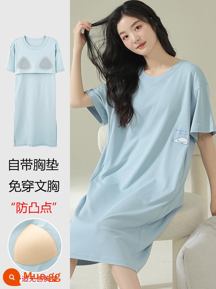 Váy ngủ Nanjiren mùa hè cho nữ cotton nguyên chất ngắn tay đệm ngực mùa hè XL sọc chất lượng cao có thể mặc bên ngoài bộ đồ ngủ - NJR-MG5357