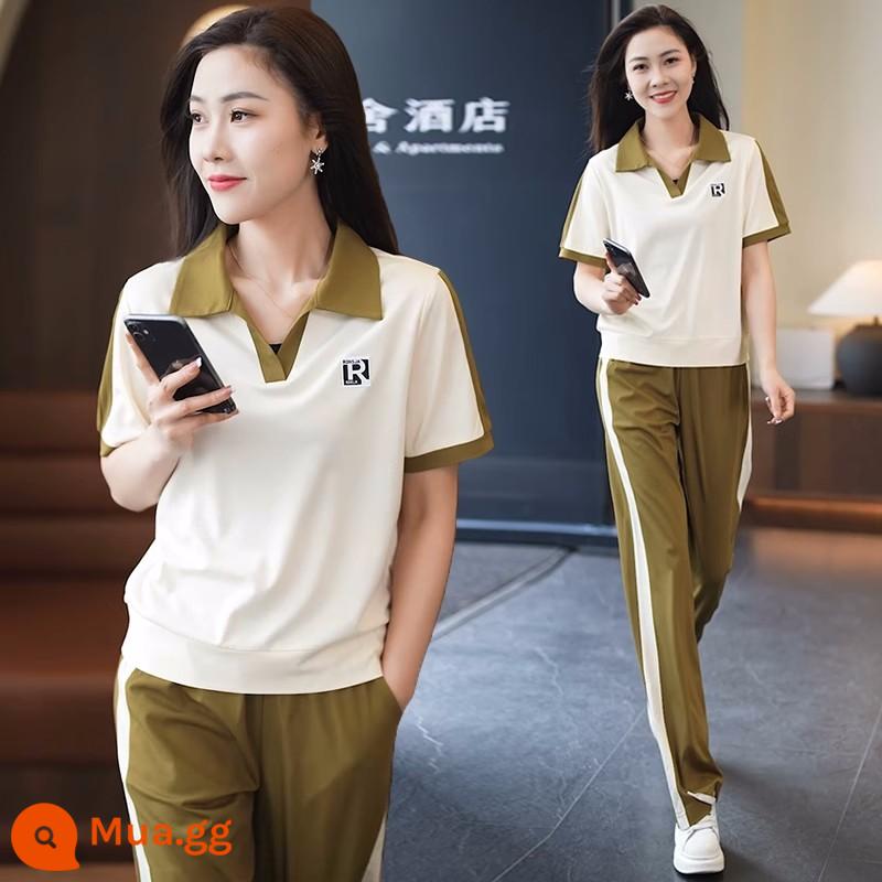 Bộ đồ thể thao cotton giản dị phù hợp với phụ nữ mùa hè mới phong cách nước ngoài polo ve áo ngắn tay quần ống rộng bộ hai mảnh - Xingyi + quần xanh mù tạt [bộ đồ ngắn tay 7136]