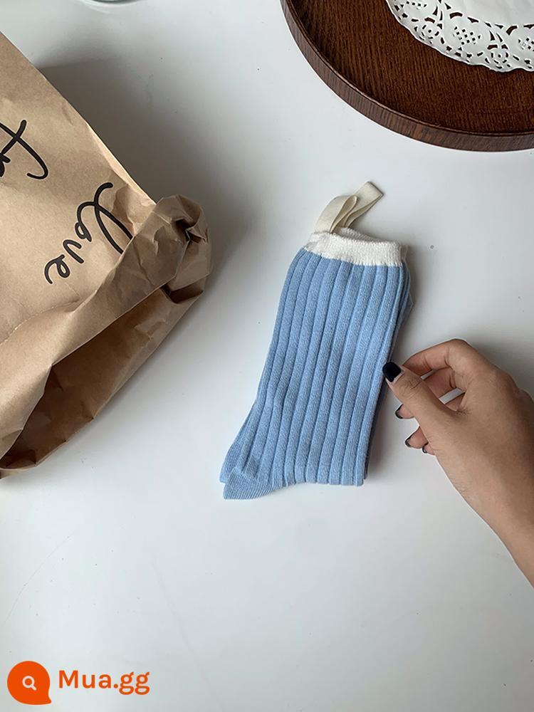 Tất Nick Socks màu gót chân nhãn tất nữ đôi kim thích hợp màu trơn của phụ nữ thiết kế cọc giữa ống tất - màu xanh da trời