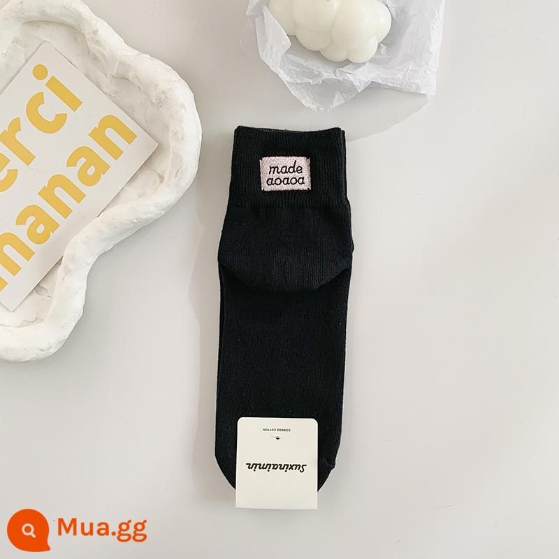 Nick Tất Hồng Tất Thêu Tất Cotton Mùa Hè Ins Triều Màu Nguyên Chất Dày Dòng Tất Nữ Màu Trắng Tất Nữ Màu Đen - Thêu đen ở gót chân