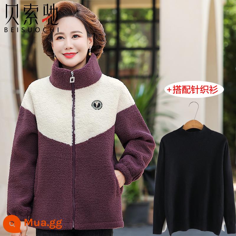 Quần áo mùa đông cho mẹ Áo khoác len cừu cashmere ngũ cốc Áo len sang trọng phong cách phương Tây cho phụ nữ trung niên và người cao tuổi Áo khoác cỡ lớn cỡ lớn - áo len + tím