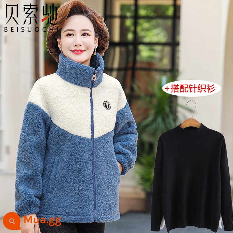 Quần áo mùa đông cho mẹ Áo khoác len cừu cashmere ngũ cốc Áo len sang trọng phong cách phương Tây cho phụ nữ trung niên và người cao tuổi Áo khoác cỡ lớn cỡ lớn - áo len + màu xanh