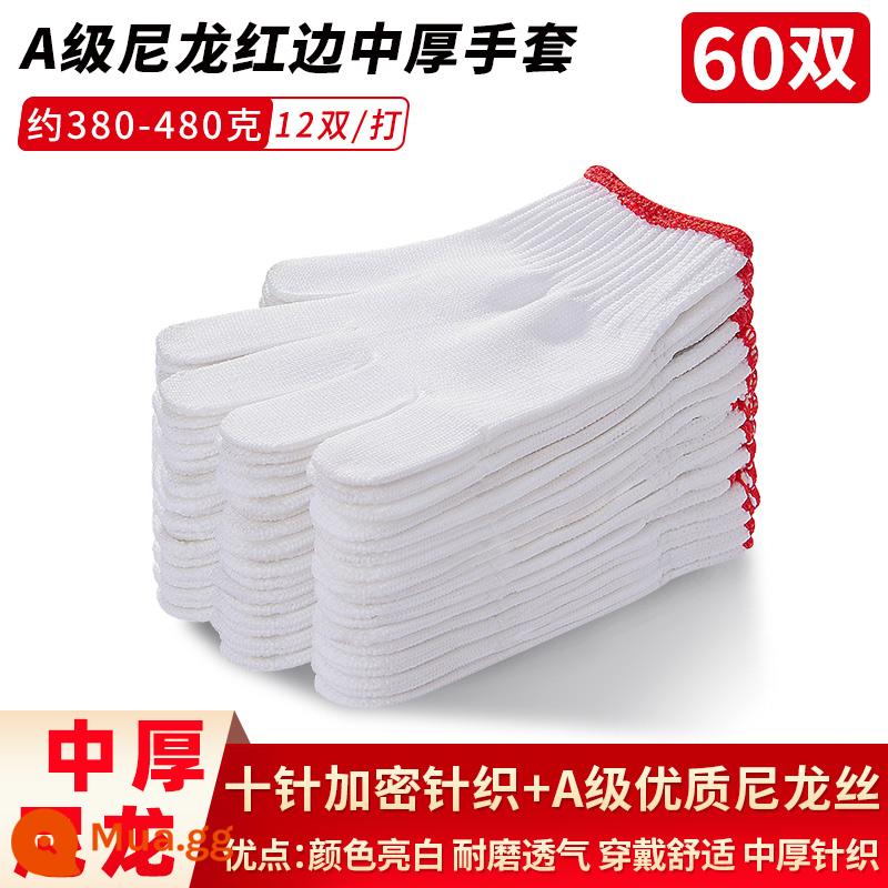 Găng tay nam công trường xây dựng làm việc sợi cotton nguyên chất nylon chống trượt dày sợi cotton lao động công nhân găng tay bảo hiểm lao động chống mài mòn làm việc - Nylon hạng A viền đỏ dày vừa 60 đôi