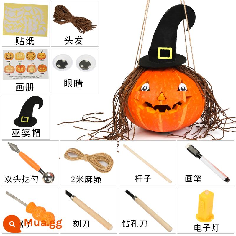 Trẻ Em Chạm Khắc Thật Bí Ngô DIY Halloween Đèn Lồng Bí Ngô Bí Ngô Thùng Đèn Lồng Trang Trí Dụng Cụ Chất Liệu Gói - Mô hình phù thủy (bí ngô lớn + túi đựng dụng cụ bộ 13 món)