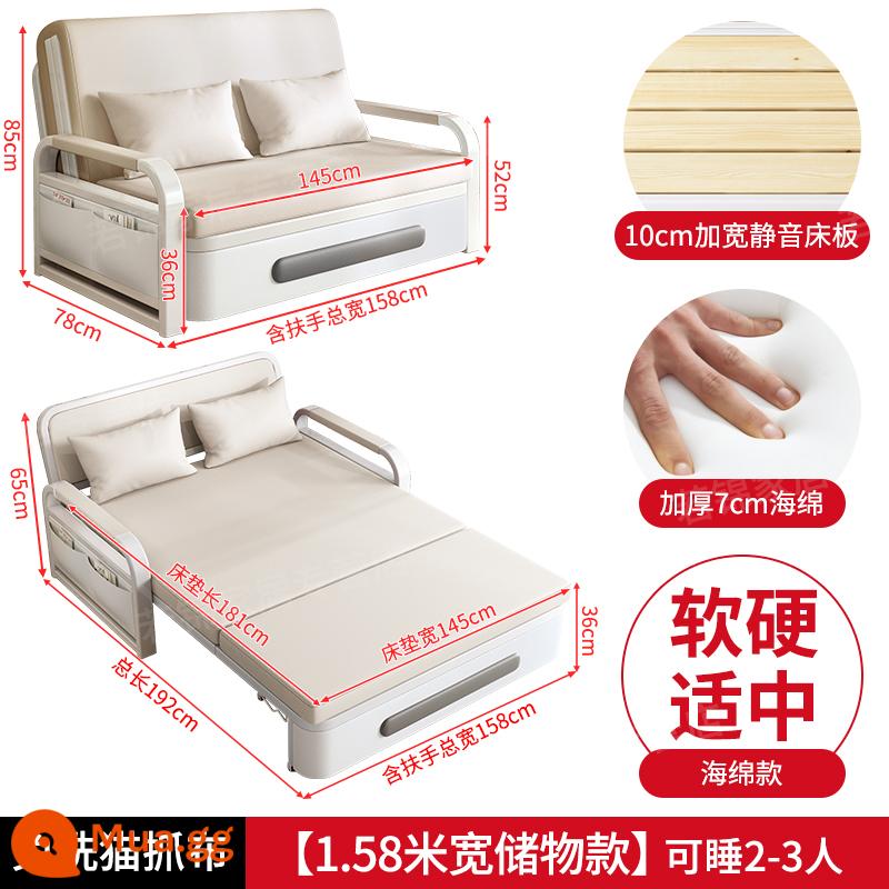 Sofa giường gấp đa năng ban công giường đa năng sofa căn hộ nhỏ 2023 giường lưới đôi có thể thu vào màu đỏ mới - [Mẫu lưu trữ 1,58m] Miếng bọt biển 7cm (vải cào mèo màu trắng nhạt)