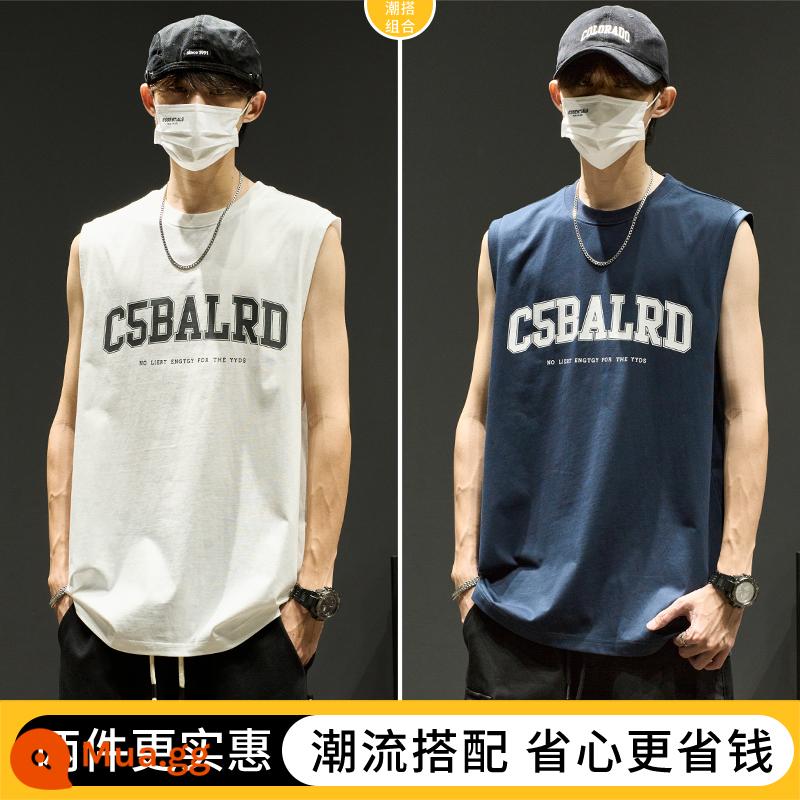 Áo vest bé trai Mỹ triều thương hiệu chữ rời hip-hop vest cotton mùa hè xu hướng thể thao áo khoác ngoài áo thun không tay - Trắng + xanh nước biển [Mua hai chiếc, giảm 10 tệ]