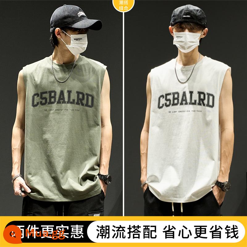 Áo vest bé trai Mỹ triều thương hiệu chữ rời hip-hop vest cotton mùa hè xu hướng thể thao áo khoác ngoài áo thun không tay - Trắng + Xanh [Mua hai chiếc, giảm 10 nhân dân tệ]