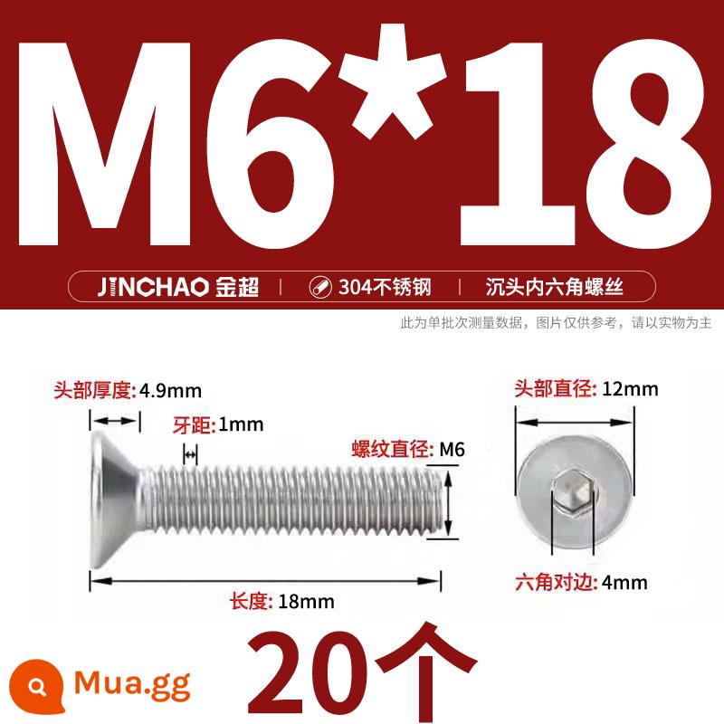 Jinchao 304 thép không gỉ chìm đầu vít lục giác bu lông đầu phẳng phẳng cốc vít M2.5M34M6M8M10M12 - M6*18(20 miếng)