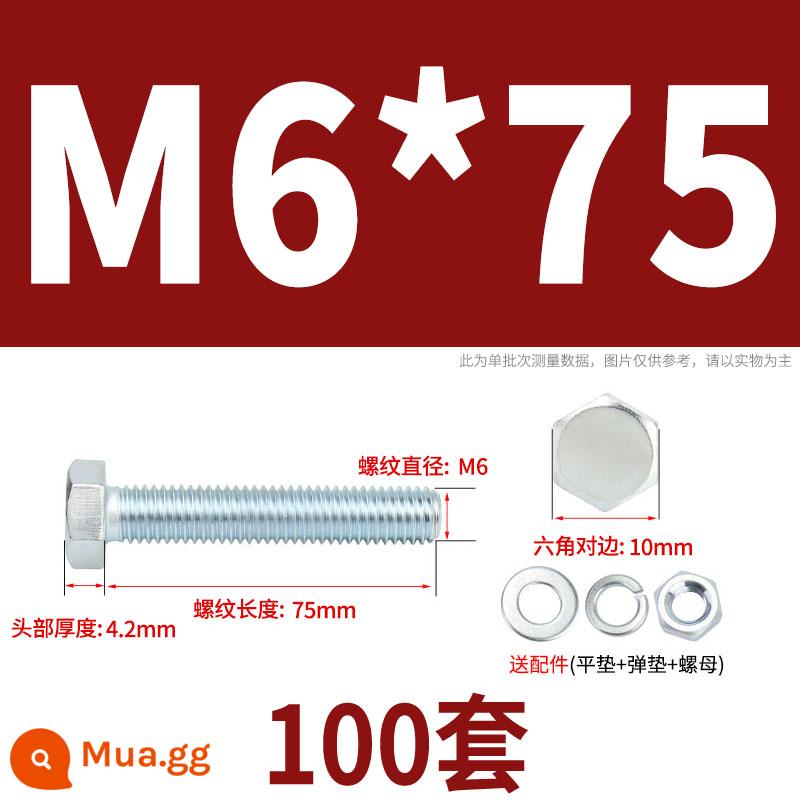 Bộ bu lông lục giác ngoài mạ kẽm cấp 4.8 kết hợp đai ốc M6M8M10M12M14M16M18-M30 - M6*75(100 bộ)