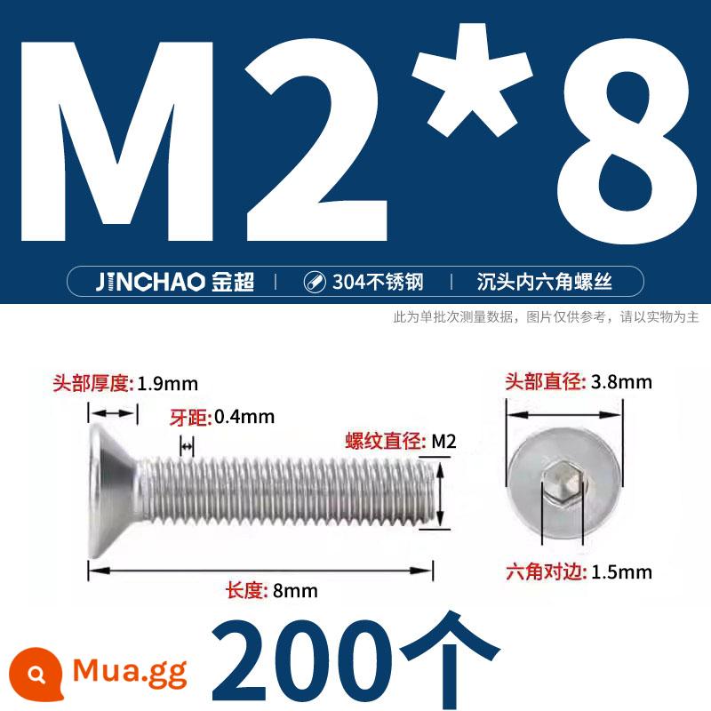 Jinchao 304 thép không gỉ chìm đầu vít lục giác bu lông đầu phẳng phẳng cốc vít M2.5M34M6M8M10M12 - M2*8(200 cái)