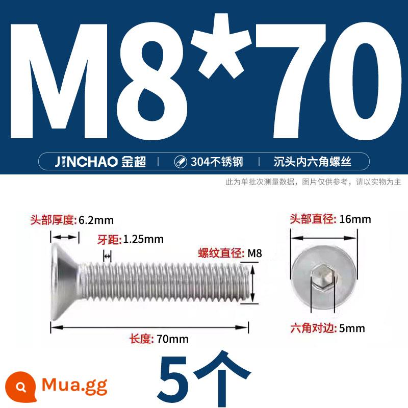 Jinchao 304 thép không gỉ chìm đầu vít lục giác bu lông đầu phẳng phẳng cốc vít M2.5M34M6M8M10M12 - M8*70(5 cái)