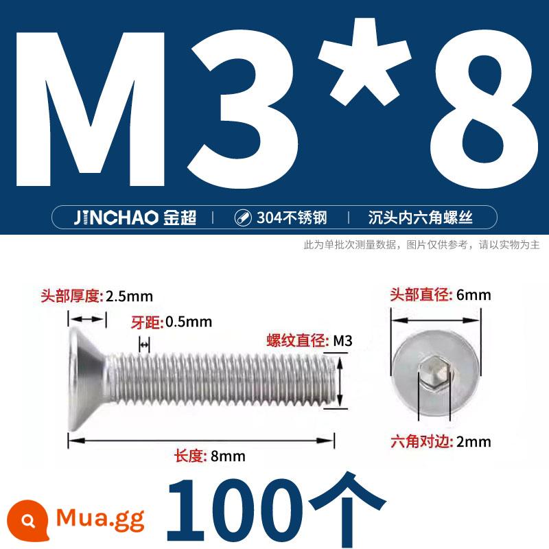 Jinchao 304 thép không gỉ chìm đầu vít lục giác bu lông đầu phẳng phẳng cốc vít M2.5M34M6M8M10M12 - M3*8 (100 cái)