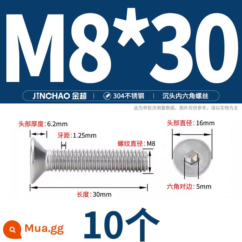 Jinchao 304 thép không gỉ chìm đầu vít lục giác bu lông đầu phẳng phẳng cốc vít M2.5M34M6M8M10M12 - M8*30(10 cái)