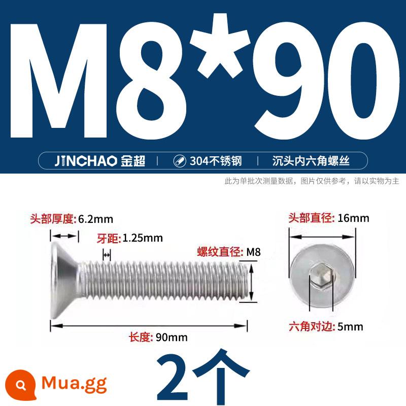 Jinchao 304 thép không gỉ chìm đầu vít lục giác bu lông đầu phẳng phẳng cốc vít M2.5M34M6M8M10M12 - M8*90(2 cái)