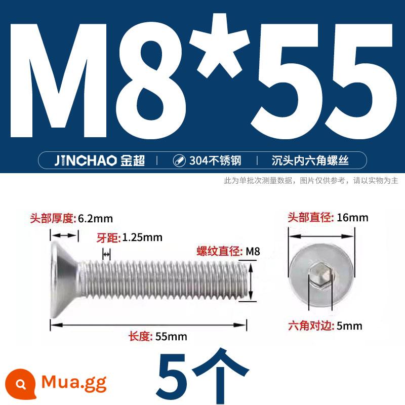 Jinchao 304 thép không gỉ chìm đầu vít lục giác bu lông đầu phẳng phẳng cốc vít M2.5M34M6M8M10M12 - M8*55(5 cái)