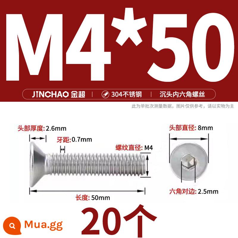 Jinchao 304 thép không gỉ chìm đầu vít lục giác bu lông đầu phẳng phẳng cốc vít M2.5M34M6M8M10M12 - M4*50(20 miếng)