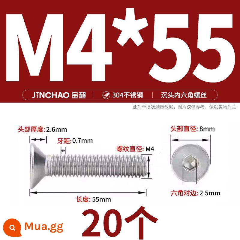 Jinchao 304 thép không gỉ chìm đầu vít lục giác bu lông đầu phẳng phẳng cốc vít M2.5M34M6M8M10M12 - M4*55(20 cái)