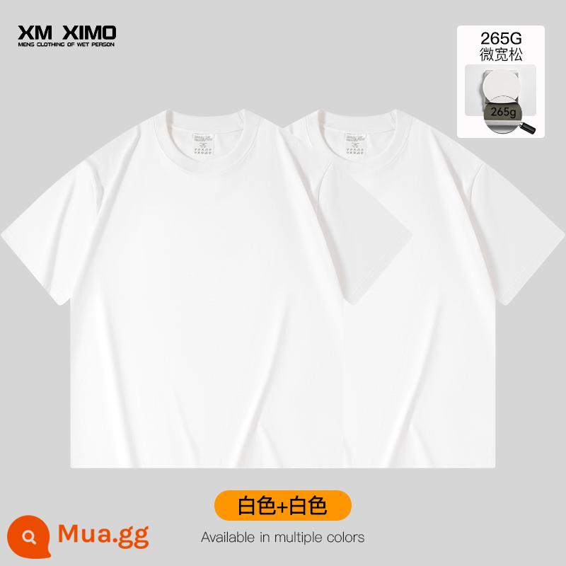 Bộ hai món ~ Áo thun nam ngắn tay màu trắng cotton nguyên chất nặng 355g cổ tròn dáng rộng cho nam giới mùa xuân hè bên trong xếp lớp thương hiệu hợp thời trang - [Gói 2❤️265G Micro Loose] Trắng + Trắng