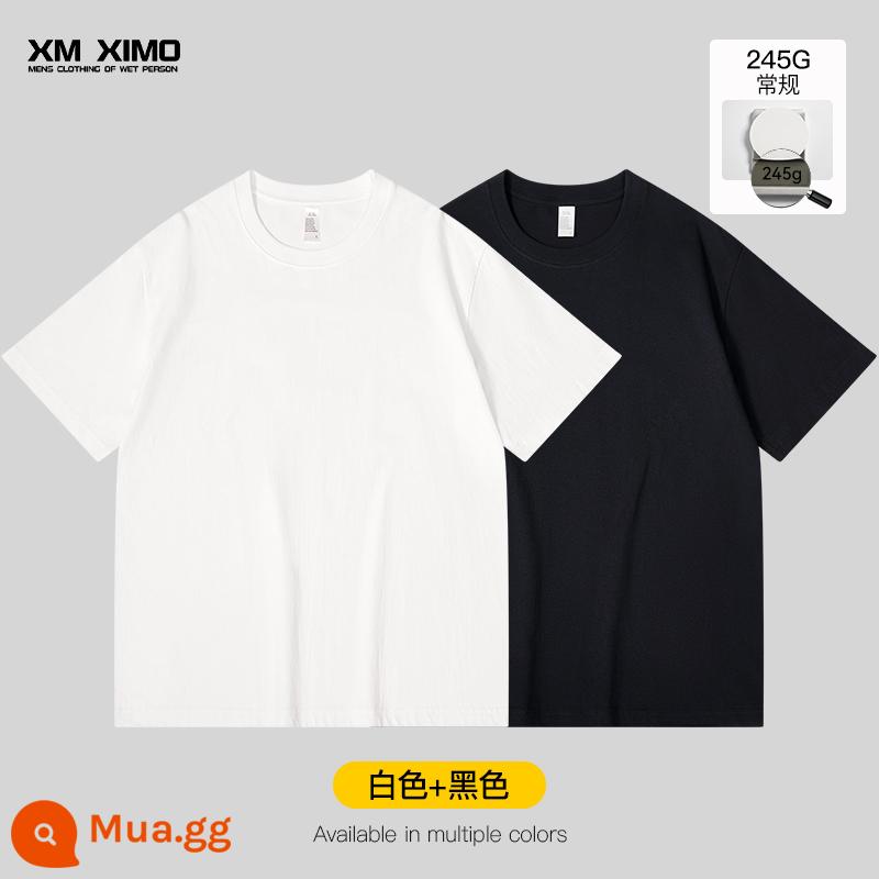 Bộ hai món ~ Áo thun nam ngắn tay màu trắng cotton nguyên chất nặng 355g cổ tròn dáng rộng cho nam giới mùa xuân hè bên trong xếp lớp thương hiệu hợp thời trang - [Gói 2❤️245G Áo Tay Ngắn Thường] Trắng + Đen