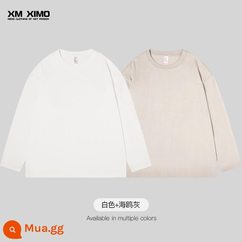 Bộ hai món ~ Áo thun nam ngắn tay màu trắng cotton nguyên chất nặng 355g cổ tròn dáng rộng cho nam giới mùa xuân hè bên trong xếp lớp thương hiệu hợp thời trang - [Gói 2❤️245G Tay Dài Thường] Trắng + Xám Hải Âu