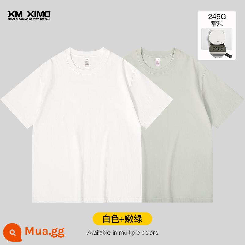 Bộ hai món ~ Áo thun nam ngắn tay màu trắng cotton nguyên chất nặng 355g cổ tròn dáng rộng cho nam giới mùa xuân hè bên trong xếp lớp thương hiệu hợp thời trang - [Gói 2❤️245G Tay Ngắn Loại Thường] Trắng + Xanh