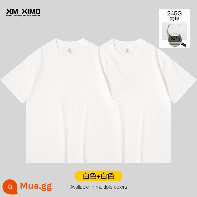 Bộ hai món ~ Áo thun nam ngắn tay màu trắng cotton nguyên chất nặng 355g cổ tròn dáng rộng cho nam giới mùa xuân hè bên trong xếp lớp thương hiệu hợp thời trang - [Gói 2❤️245G Áo Tay Ngắn Thường] Trắng + Trắng