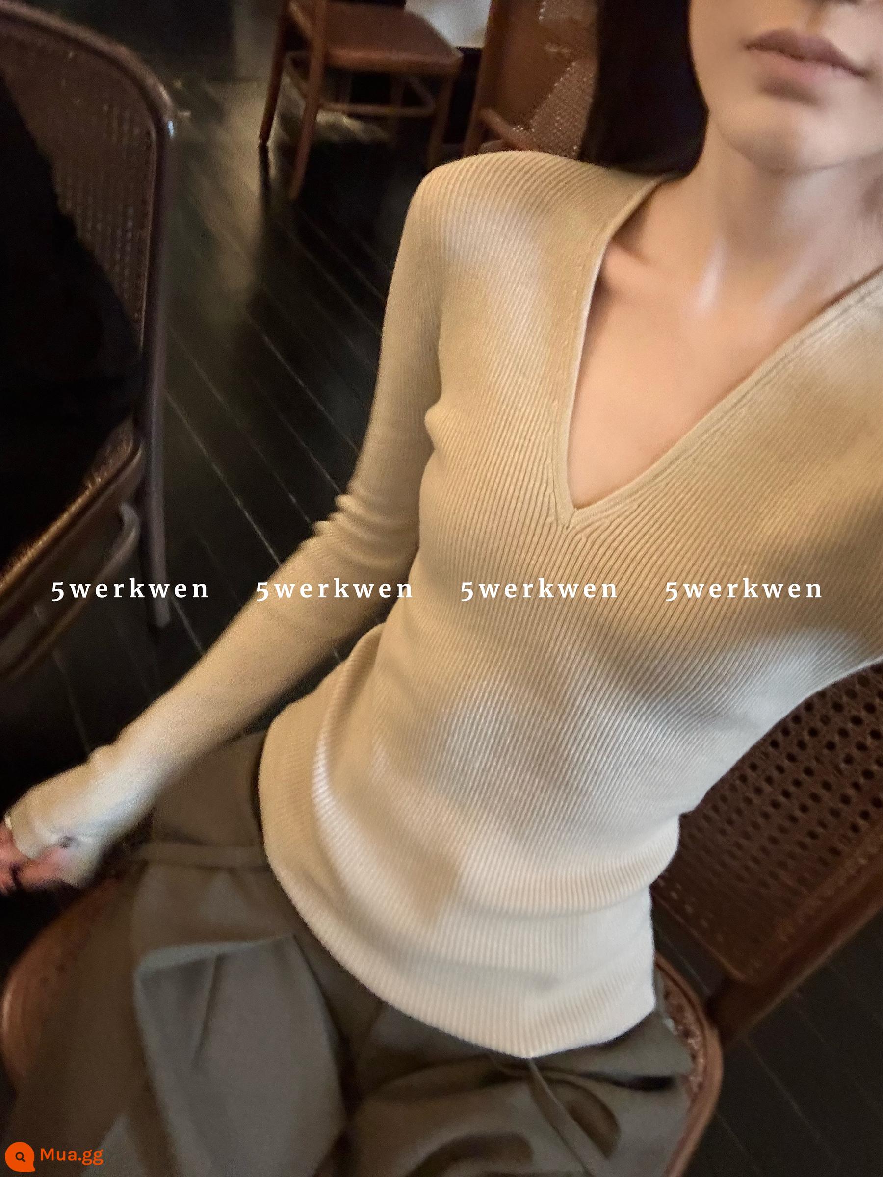 Áo len cổ chữ V màu kem 5werkwen, mỏng và đa năng, áo sơ mi xếp lớp bên trong mỏng, áo len cashmere bó sát - màu trà sữa