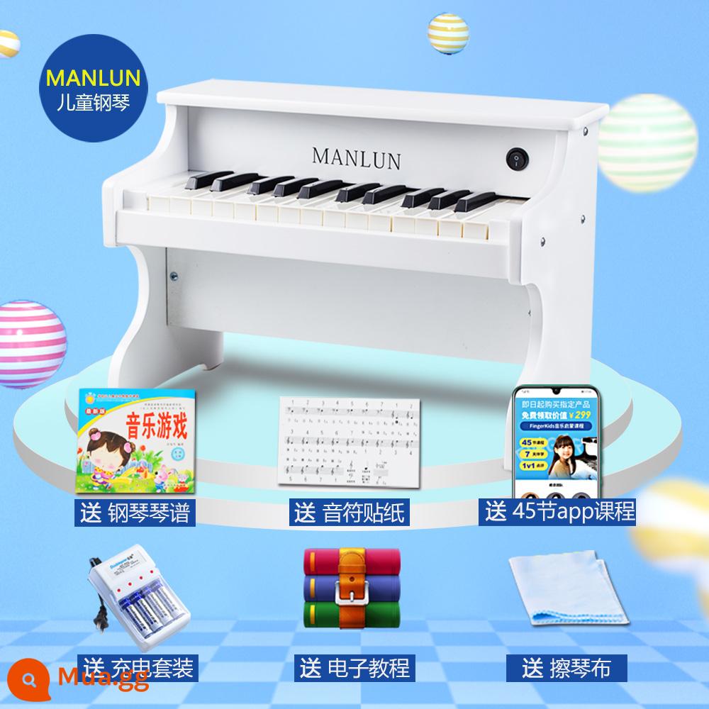 Manlun Baking Lacquer Wood Children Piano 25 Key Baby Baby Christmas Toy món quà 0-5 tuổi Mini có thể chơi - Màu trắng trang nhã (mẫu có thể sạc lại) + hướng dẫn miễn phí + bản nhạc piano + miếng dán đàn piano + khăn lau đàn piano