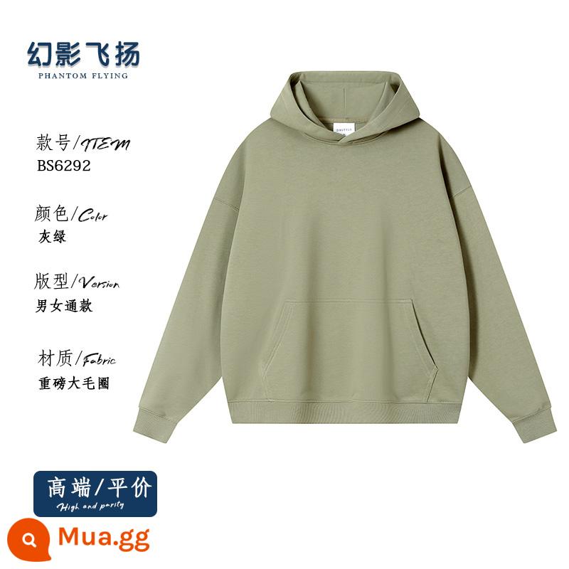 Áo thun cotton có mũ trùm đầu giản dị cao cấp tùy chỉnh dày lệch vai đồng phục lớp in logo thu đông dài tay áo khoác - Xám xanh—BS6292