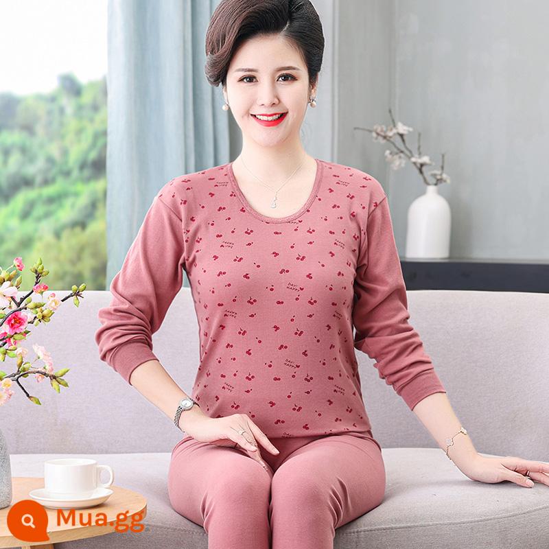 Nhung bắc cực trung niên và cao tuổi quần áo mùa thu vệ sinh quần phù hợp với phụ nữ cotton nguyên chất người cao tuổi áo len bông phụ nữ sưởi ấm quần áo đáy bông - [Cổ Tròn] 305 Cà Phê Vừa Cherry