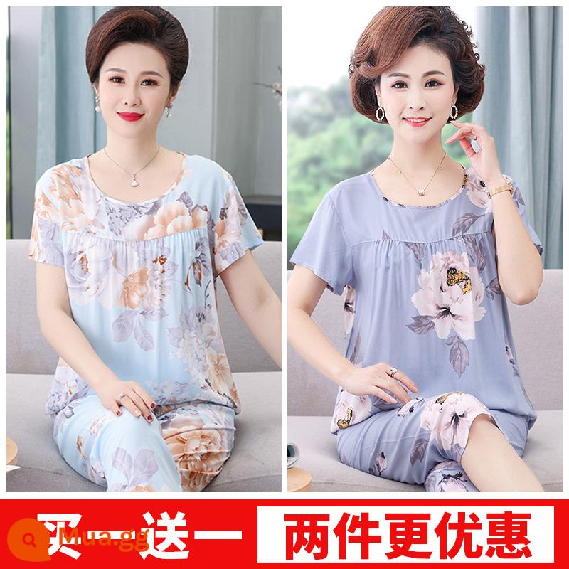 Bộ đồ ngủ lụa cotton cho mẹ của phụ nữ mùa hè mỏng cho người trung niên và người già Bộ quần áo ở nhà bằng cotton nhân tạo 2023 bộ đồ hai mảnh ngắn tay mới - Vẻ đẹp dân tộc và hương thơm thiên đường + hoa mẫu đơn nở rộ