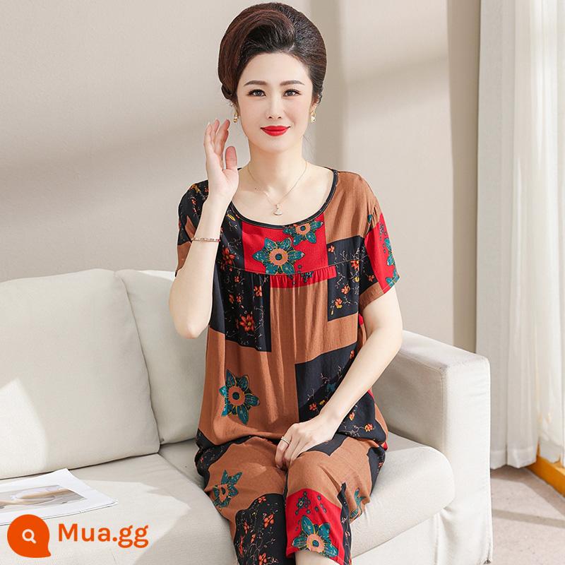 Bộ đồ ngủ lụa cotton cho mẹ của phụ nữ mùa hè mỏng cho người trung niên và người già Bộ quần áo ở nhà bằng cotton nhân tạo 2023 bộ đồ hai mảnh ngắn tay mới - cánh hoa caramel