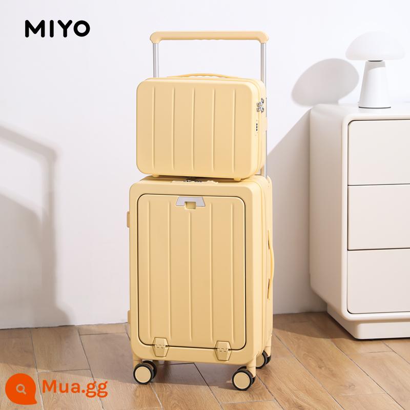 MIYO mở trước vali nữ rộng 20 inch xe đẩy vali lên máy bay 2023 mật khẩu mới hộp da 24 nam - Hộp mẹ màu vàng phô mai phiên bản dây kéo [Hộp mỹ phẩm 14 inch + USB + giá đỡ cốc nước + móc chịu lực]