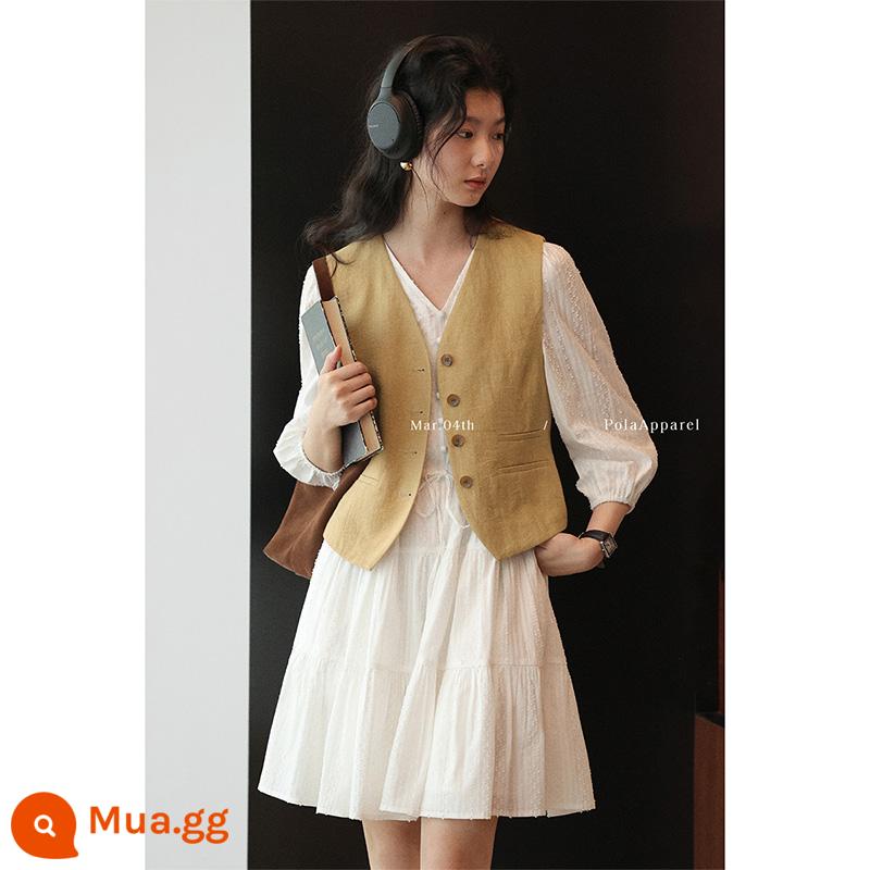 Hoàng đế xinh đẹp Venice Bazaar Sand Wash Full Linen Eo Vest Nữ Mùa xuân và Mùa hè Lớp áo - kaki vàng