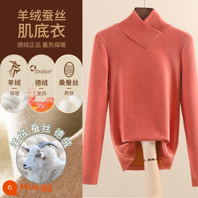 Áo sơ mi nữ đáy nhung lụa cashmere Đức 2022 kiểu mới cộng nhung dày ấm thu đông phong cách nước ngoài - Lá phong đỏ/Cổ chữ V