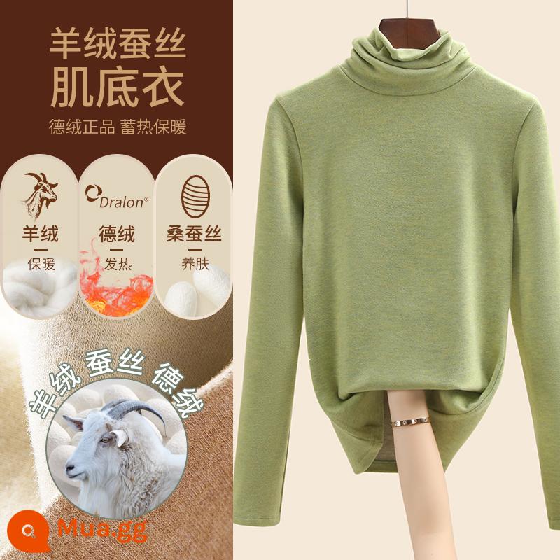 Áo sơ mi nữ đáy nhung lụa cashmere Đức 2022 kiểu mới cộng nhung dày ấm thu đông phong cách nước ngoài - màu xanh lá cây/cổ cao