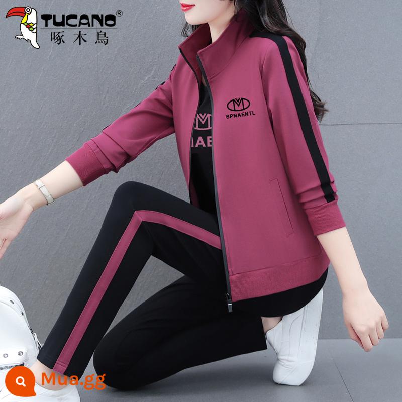 Chim Gõ Kiến Áo Thể Thao Bộ Đồ Nữ Xuân Thu 2023 Mới Thu Mẹ Trung Niên Áo Khoác Cardigan 3 Bộ - Bột đậu đỏ (áo + quần)