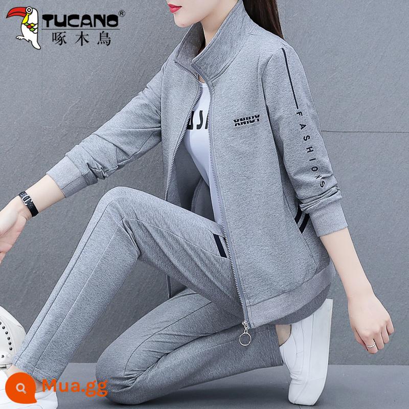 Chim Gõ Kiến Áo Thể Thao Bộ Đồ Nữ Xuân Thu 2023 Mới Thu Mẹ Trung Niên Áo Khoác Cardigan 3 Bộ - 7926 màu xám