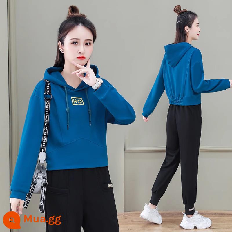 Bộ đồ thể thao nữ xuân thu 2022 mới cotton dày T nhỏ thời trang nước ngoài phong cách Châu Âu 2 mảnh phù hợp 2023 - xanh hoàng gia (bộ)