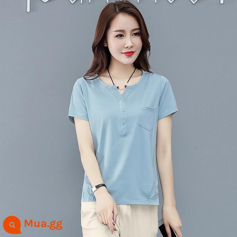 Bộ đồ thể thao nữ mùa hè 2023 mới cao cấp thương hiệu cotton nguyên chất thời trang giản dị hai mảnh vải lanh mỏng 2022 - Màu xanh (áo đơn)